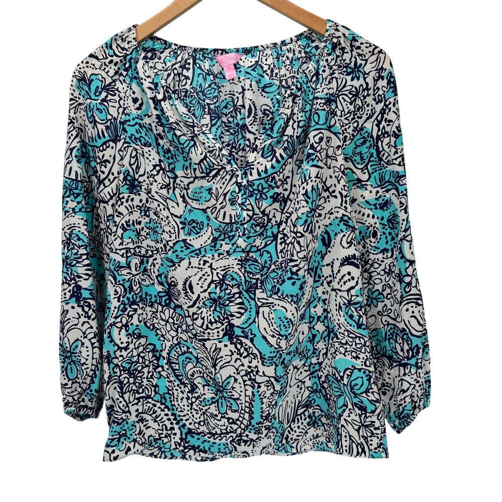 Lilly Pulitzer Blouse Womens XS Blue Floral V-Neck Sarabeth Hippy Hippy Shake